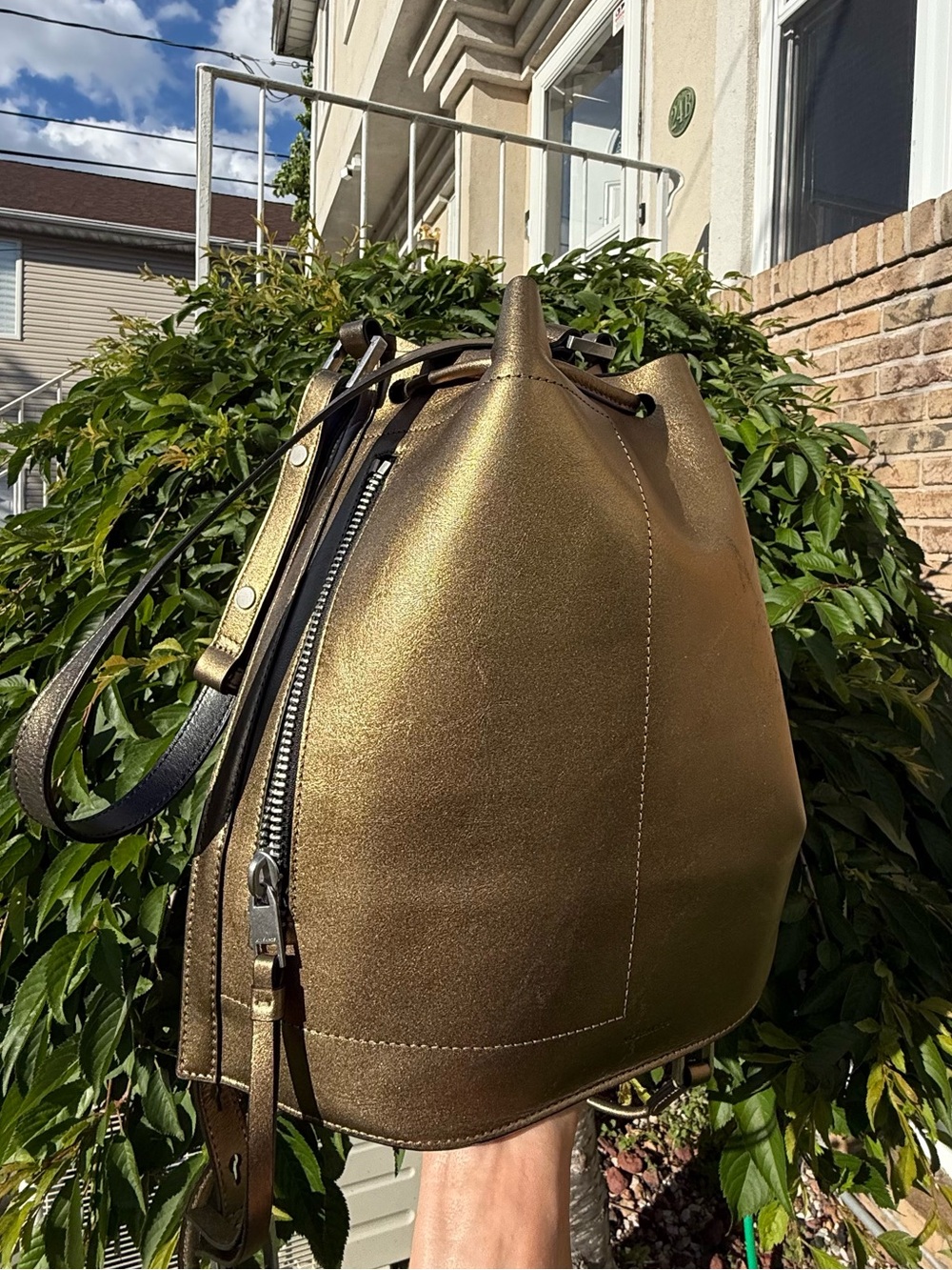 AllSaints Alpha Convertible Backpack Drawstring Metallic Gold Bronze Bucket Bag